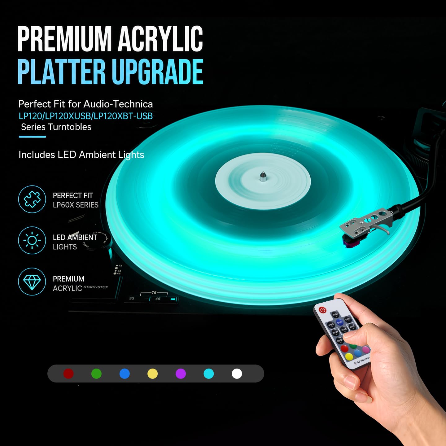 Piatto acrilico RGB LED per Audio-Technica AT-LP120X, tappetino antiscivolo satinato per giradischi con striscia luminosa, giradischi a trasmissione diretta serie LP120X accessori