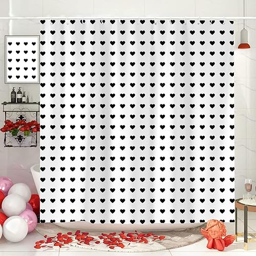 Emwnodti Cortina de ducha con diseño de corazones negros, feliz día de San Valentín, juego de cortina de ducha contratada en blanco y negro para