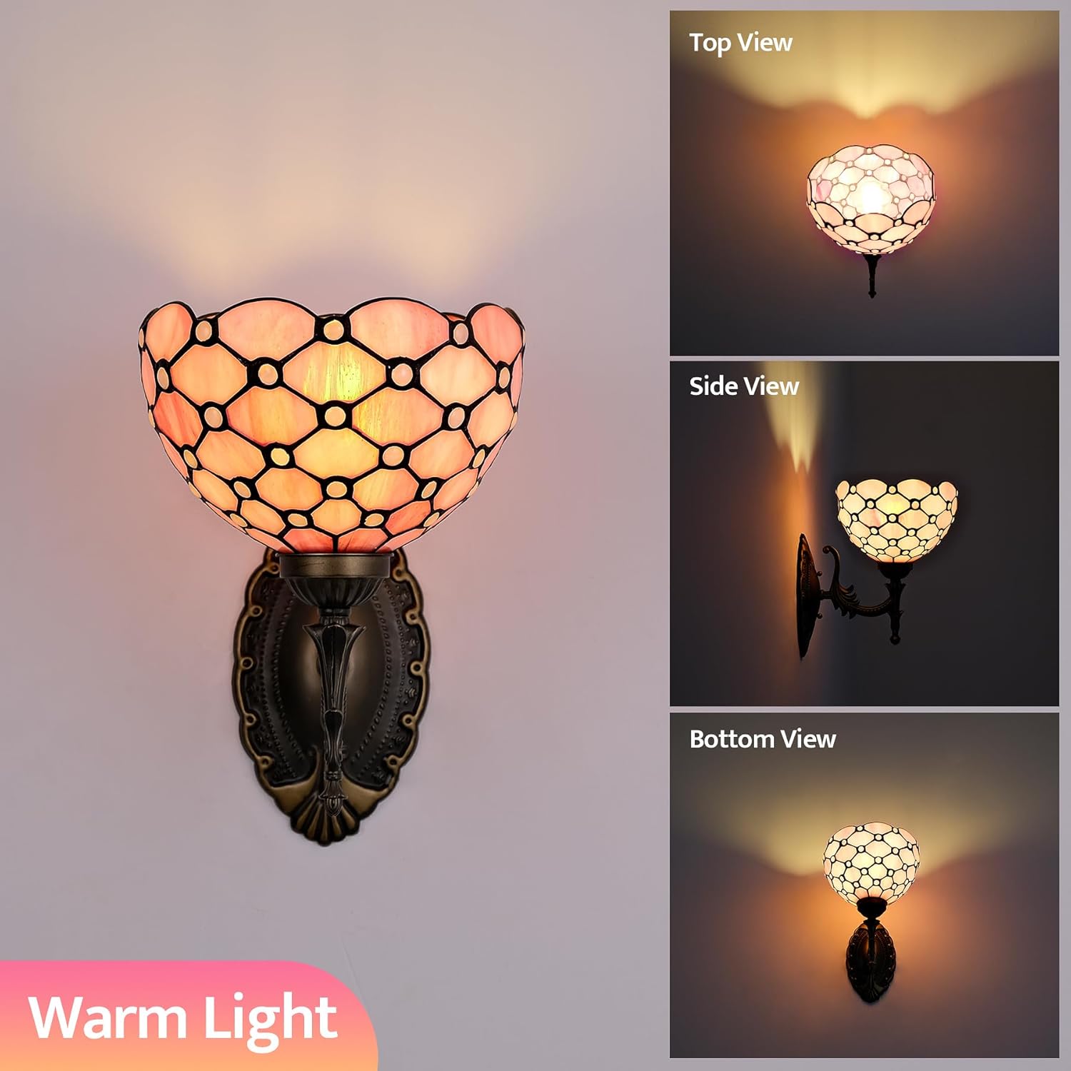 Tiffany Wall Sconce Hand-Weld Stained Glass Bedside Lamp with Classic 8 Inches Lampshade for Bedroom Hallway Living Room Home Office (Pink)