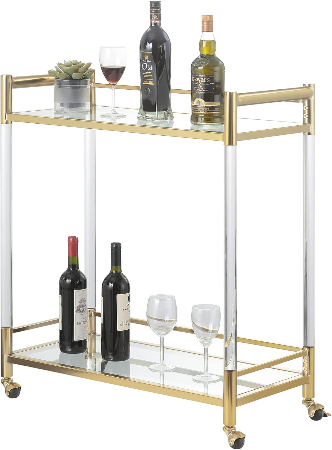 Convenience Concepts Royal Crest 2 Tier Acrylic Glass Bar Cart, Gold/Glass