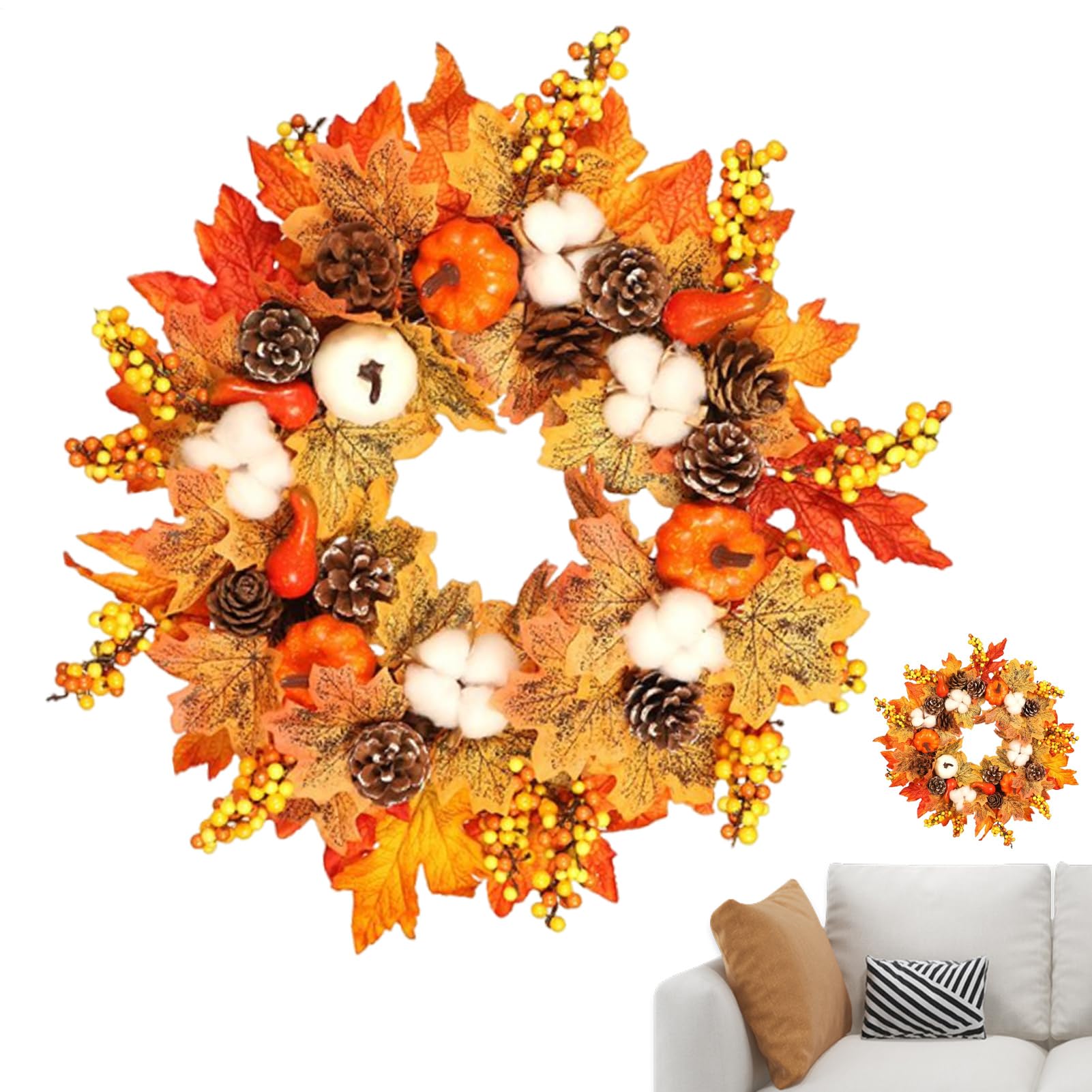 Couronne d'automne artificielle de haute qualité avec feuillage dense de 45 cm