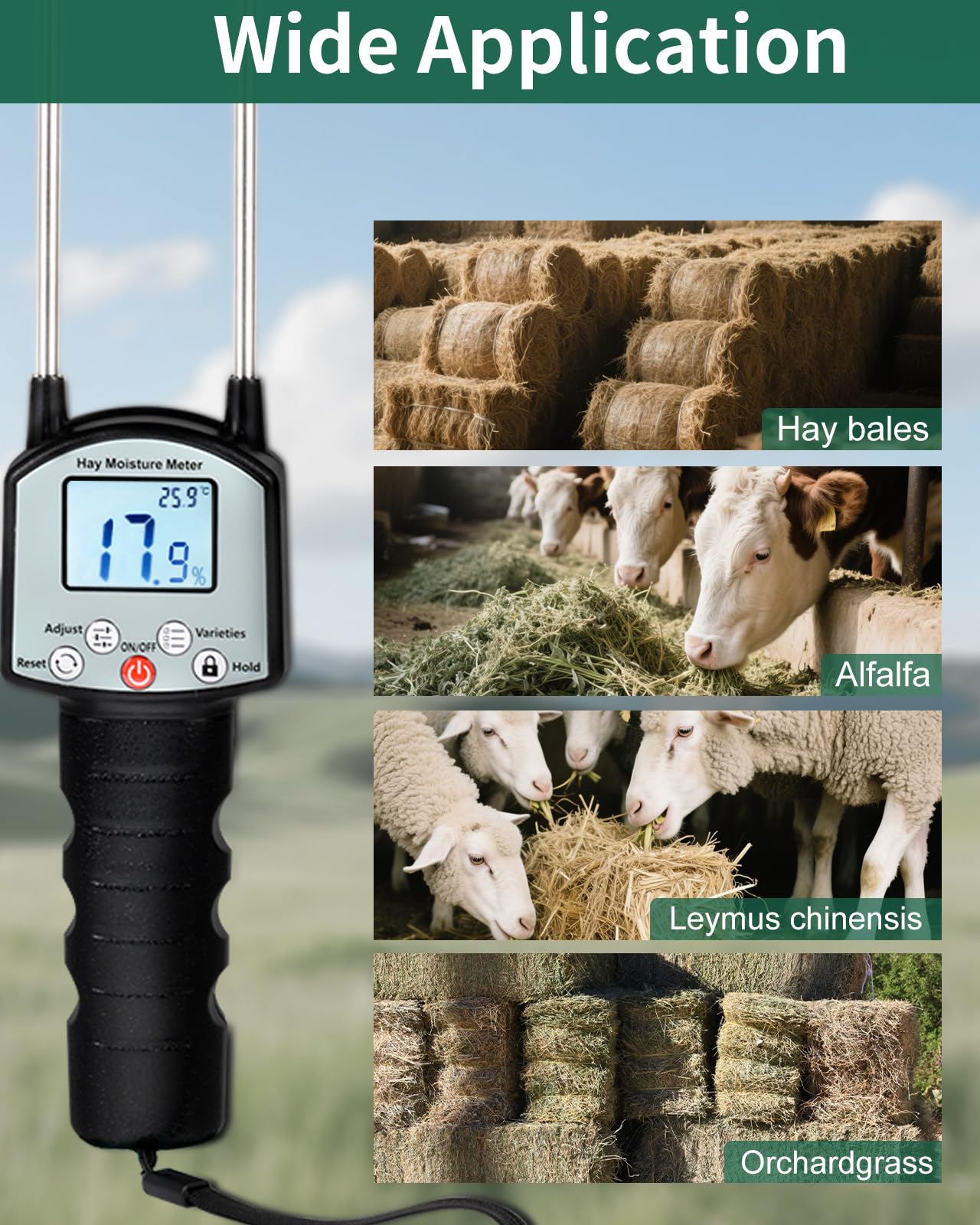 Probador portátil de humedad de heno, medidor de humedad de heno con sonda para monitoreo, sonda probadora de humedad para heno (probador de humedad de heno TK100)