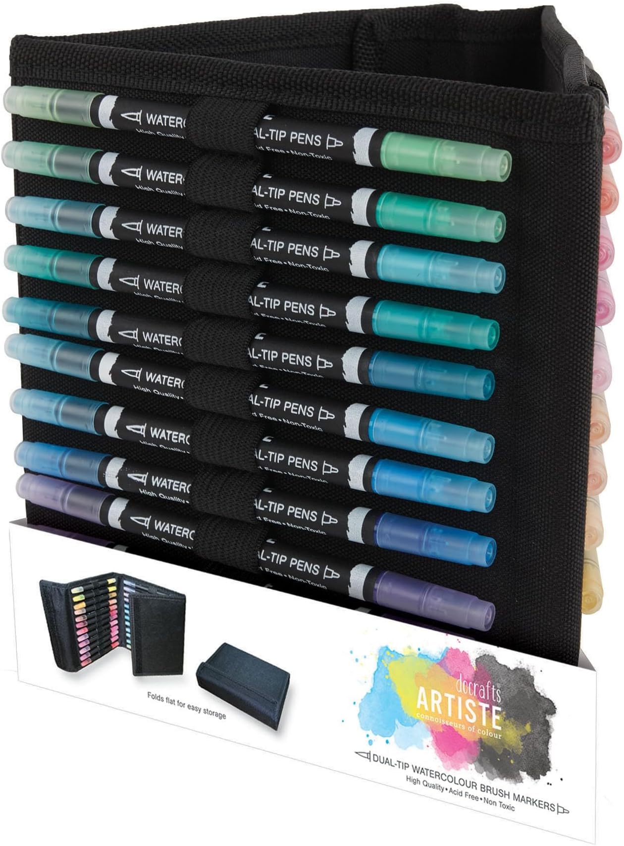 DOCRAFTS ARTISTE Watercolour Dual-Tip Pens and Caddy with Brush and fine Tips (Pack of 36), Multi