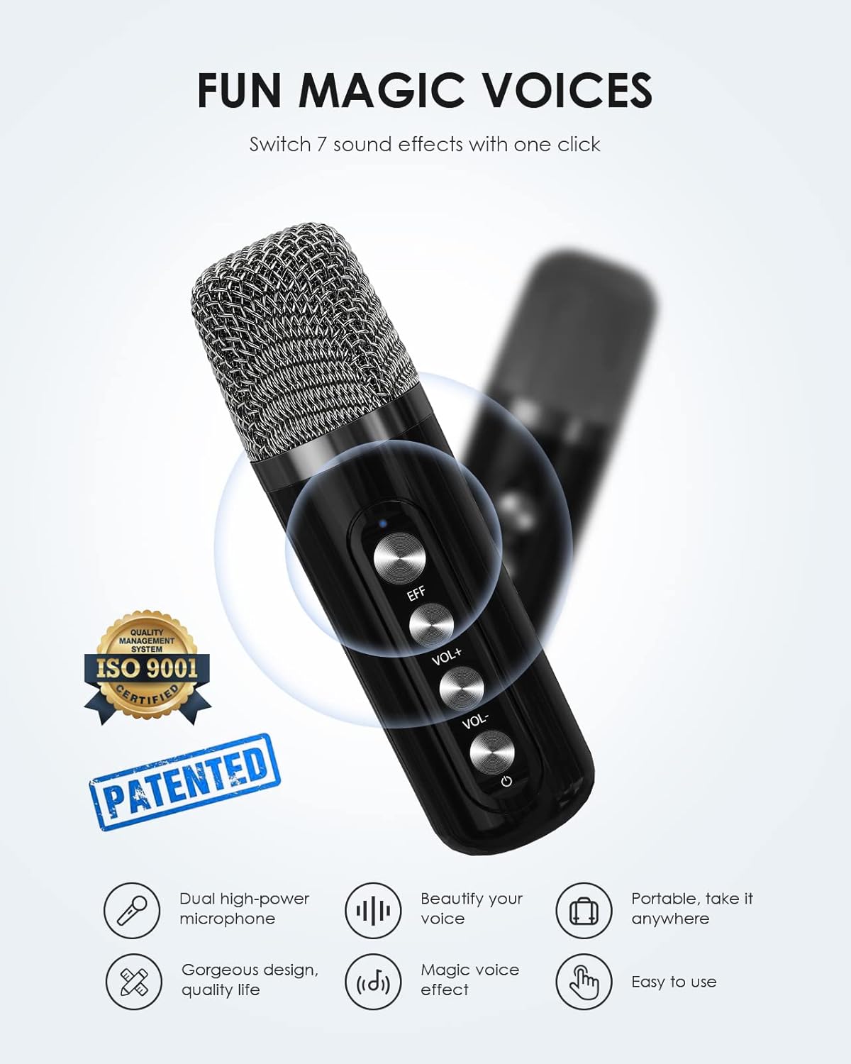 Close-up of a FULLIFE wireless microphone with sound effect buttons.