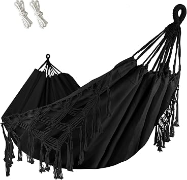Goutime Double Hammock, Macrame Boho Cotton Hammock with Hanging Ropes, Portable for Camping Patio Backyard Indoor Outdoor,485LBS Capacity Black