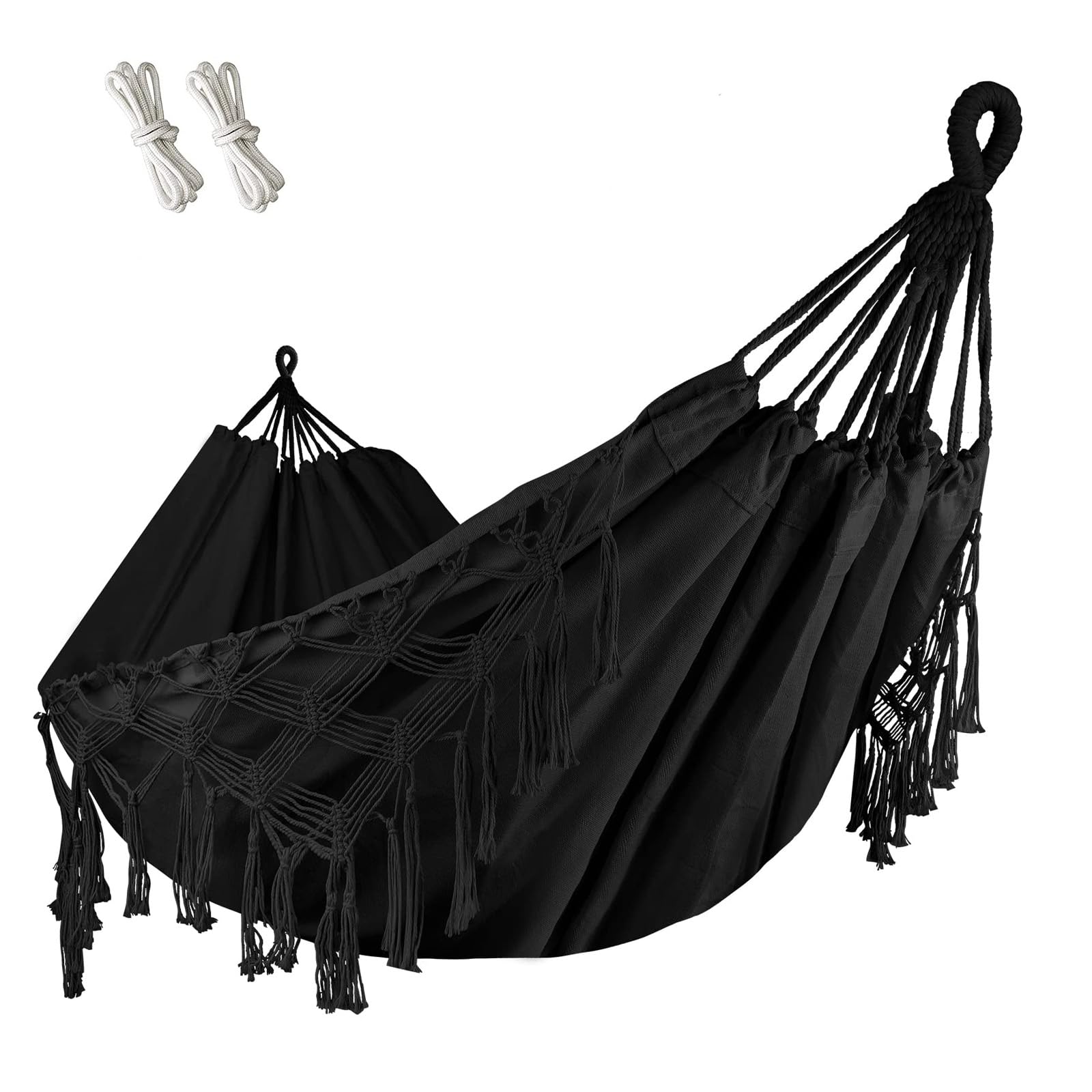 Hamac bohème en macramé noir pour une terrasse chic et des instants de détente