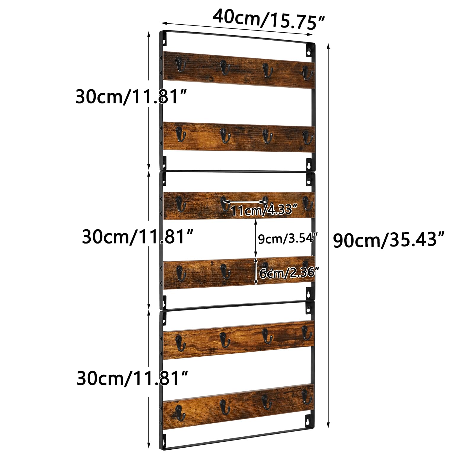 IBUYKE Porta Tazzine da Parete,Set da 3,con 24 Ganci,Marrone TBJ005H-3 | Supporto per tazza da Caffè Porta Bicchieri da Appendere Organizer per Tazze per Cucina Sala da Pranzo Bar