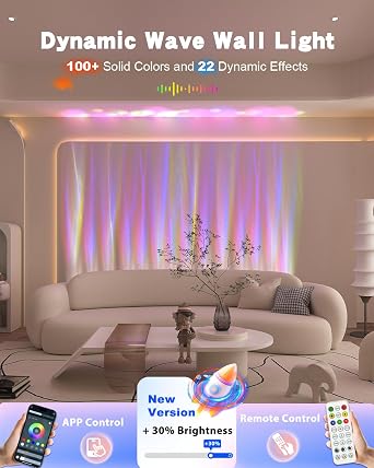 TACAHE Dynamic Wave Wall Light - Flowing Water Visual - RGB + 6000K Solid Color - Light Effects & Music Sync - APP & Remote Control - Indoor Enhance Ambient Lamp - 30W - 39 Inch - 1 Pack