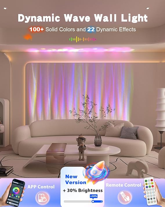 TACAHE Dynamic Wave Wall Light - Flowing Water Visual - RGB + 6000K Solid Color - Light Effects & Music Sync - APP & Remote Control - Indoor Enhance Ambient Lamp - 30W - 39 Inch - 1 Pack