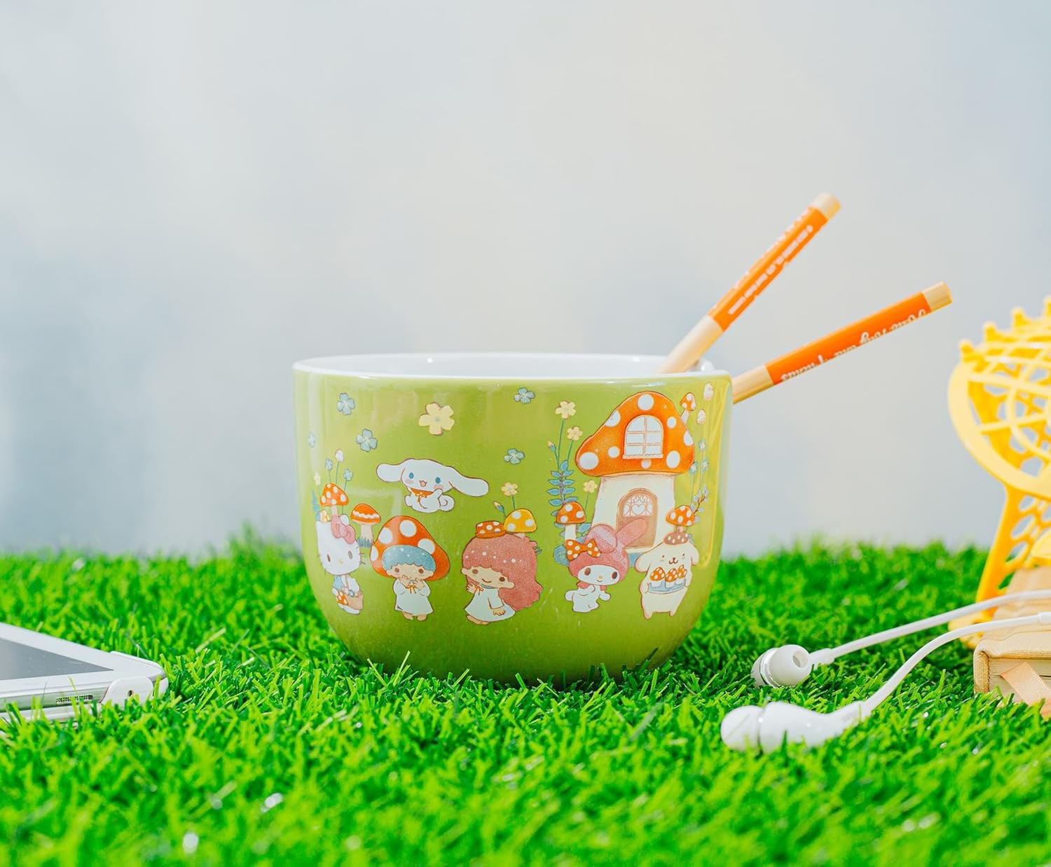 Silver Buffalo Sanrio Hello Kitty and Friends Mushroom Crew Ceramic Dinnerware Set | Includes 20-Ounce Ramen Noodle Bowl and Wooden Chopsticks | Asian Food Dish Set For Home & Kitchen - Image 5