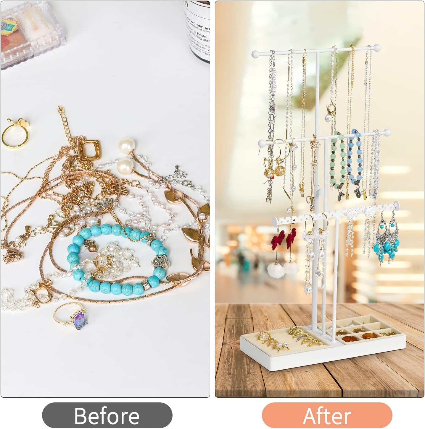 Necklace Holder Jewelry Organizer Stand, 3 Tier Jewelry Towers Tree With Velvet Earrings Rings Tray, Adjustable Height Necklace Rack Display With 38 Earring Holes For Bracelets Watches Bangles, White : Clothing, Shoes & Jewelry