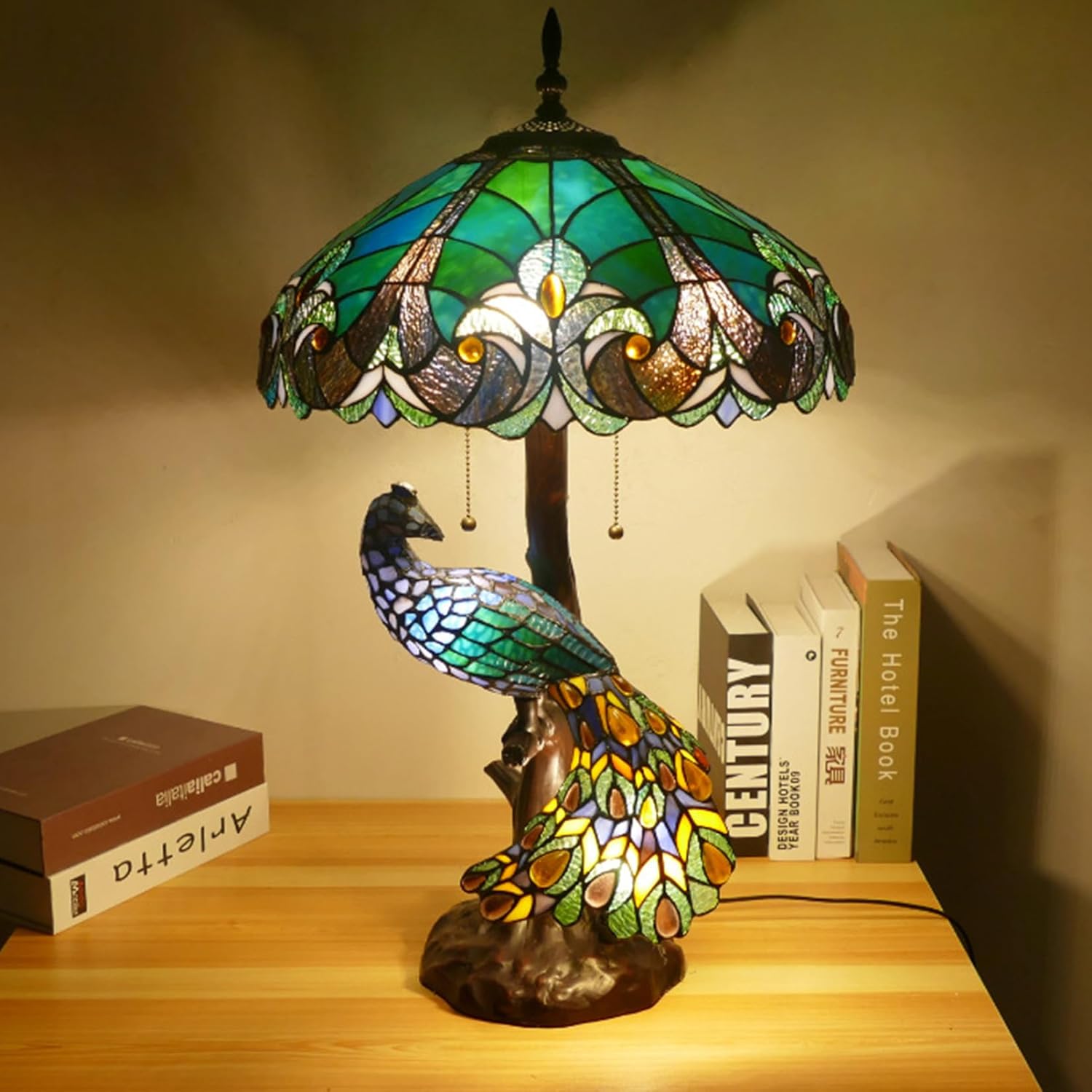 Peacock Lamp Tiffany Stained Glass Table Lamp, Vintage Blue Dragonfly Rose Hat Lotus Green Mission Purple Grape Flower Decorative Desk Reading Lamp for Living Room,Colourful Rose