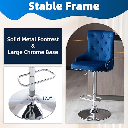 Miniatura 7 de ABET Juego de 2 taburetes de bar, taburetes de bar giratorios de terciopelo ajustable en altura de mostrador con reposapiés, acolchado suave