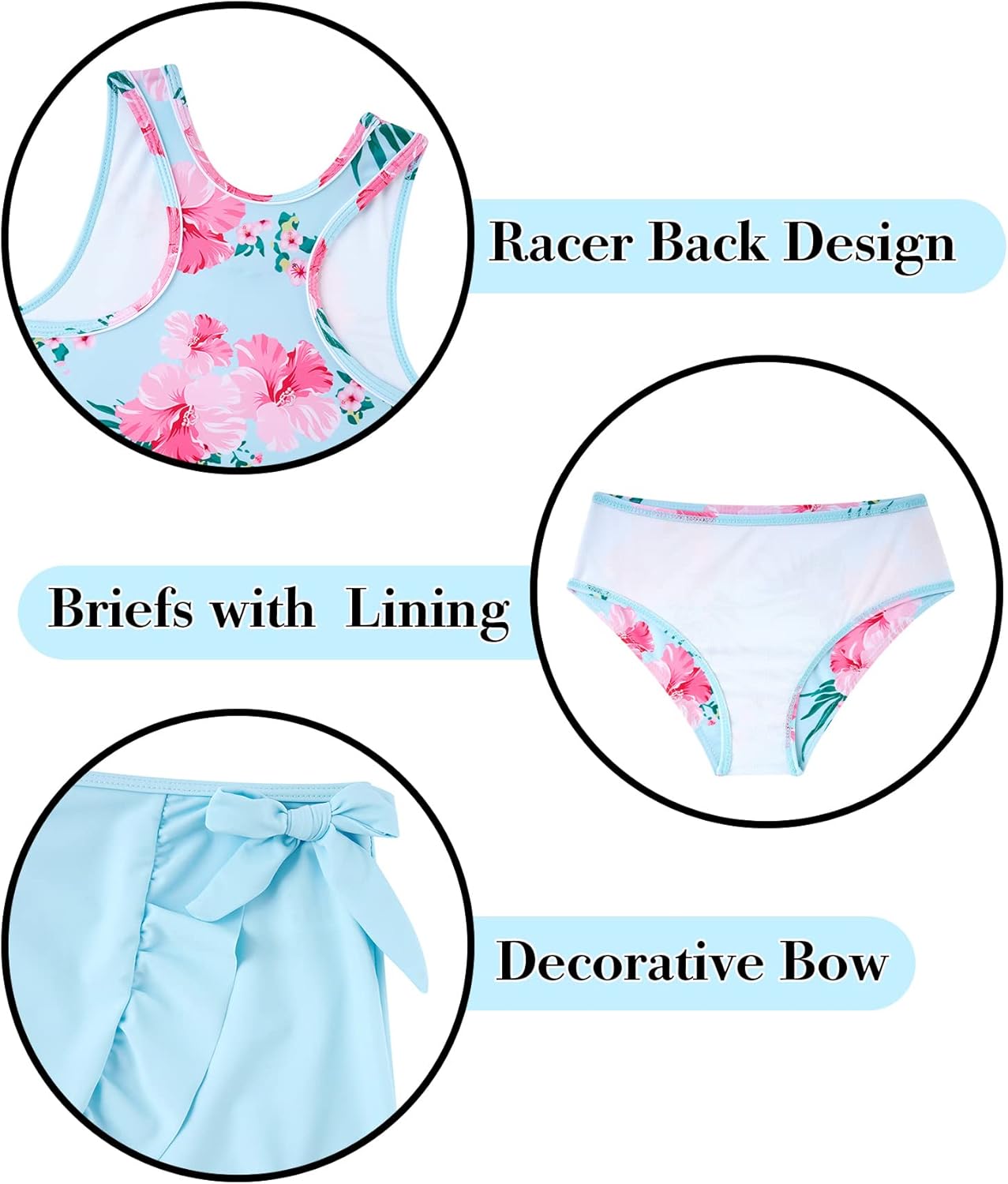 Girls Swimsuits 3 Piece Tankini Bathing Suit Set Cute Bikini Swimwear with Cover Ups Beach Skirt 5-16 Years - Image 4