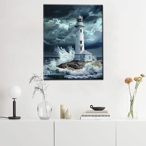 Miniatura 3 de Pintura de faro de fantasía, pintura dramática por números, 16 x 20 pulgadas, lienzo para bricolaje, pintura al óleo del océano tropical, para