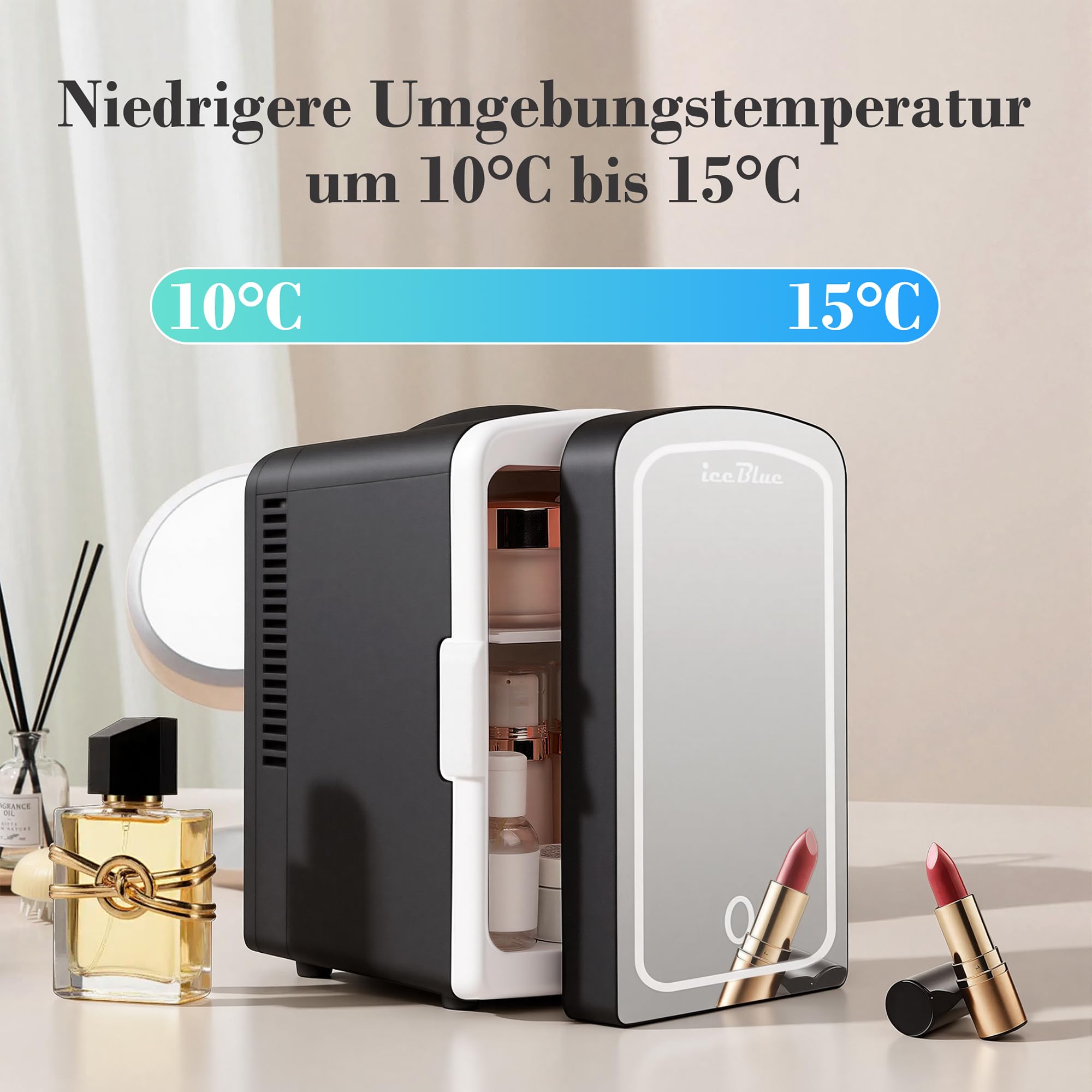 Iceblue Mini-Kühlschrank, Hautpflege Kühlschrank mit verstellbarer LED-Licht, 4L / 6Dosen Kompakt Make-up-Kühlschrank für Kosmetik & Getränke, kleiner Kühler für Zuhause, Auto, Geschenke - Schwarz