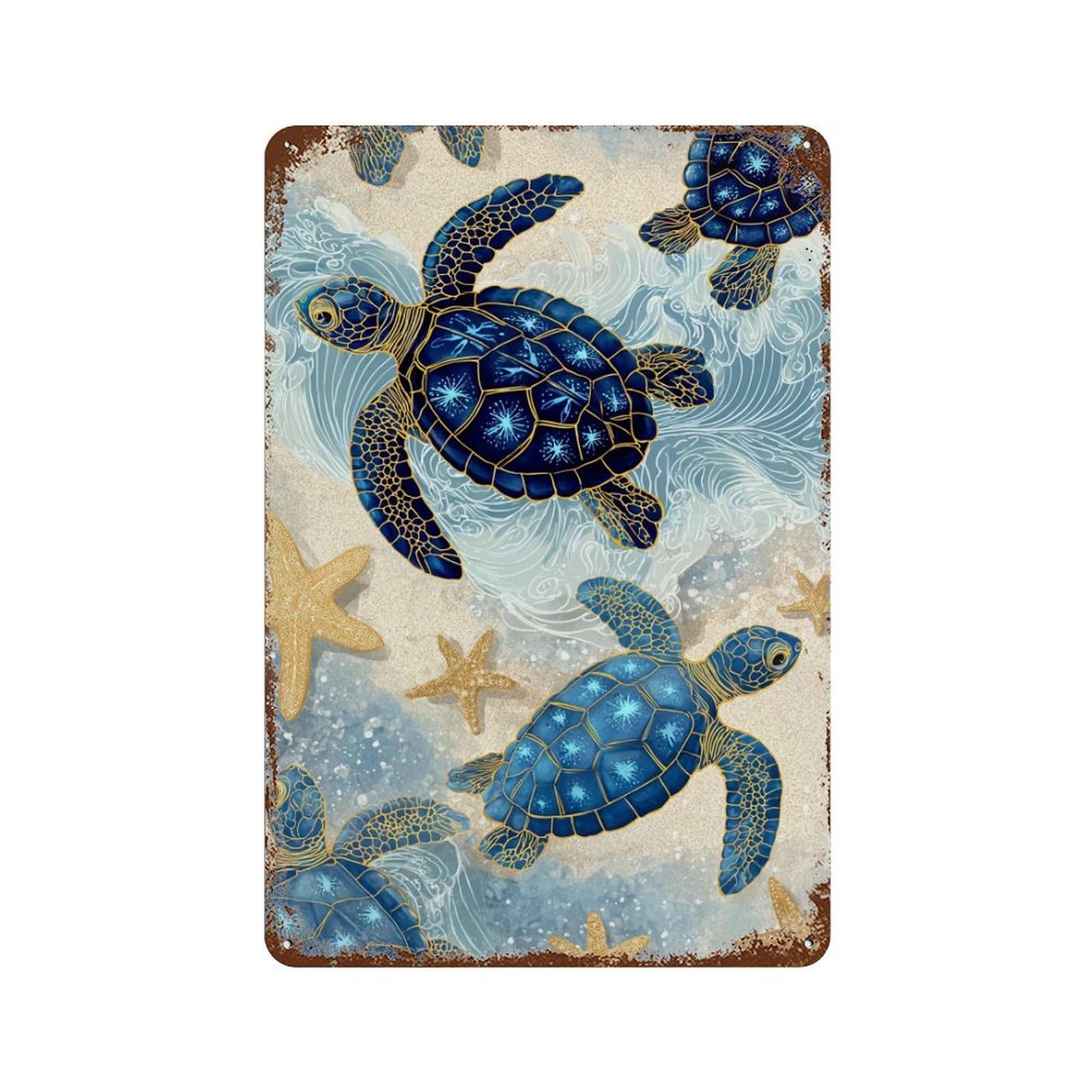 Ocean Life Wall Art Rust Effect Tin Sign 11.8"x7.9", Retro Wall Decor for Pub, Kitchen And Man Cave Decor