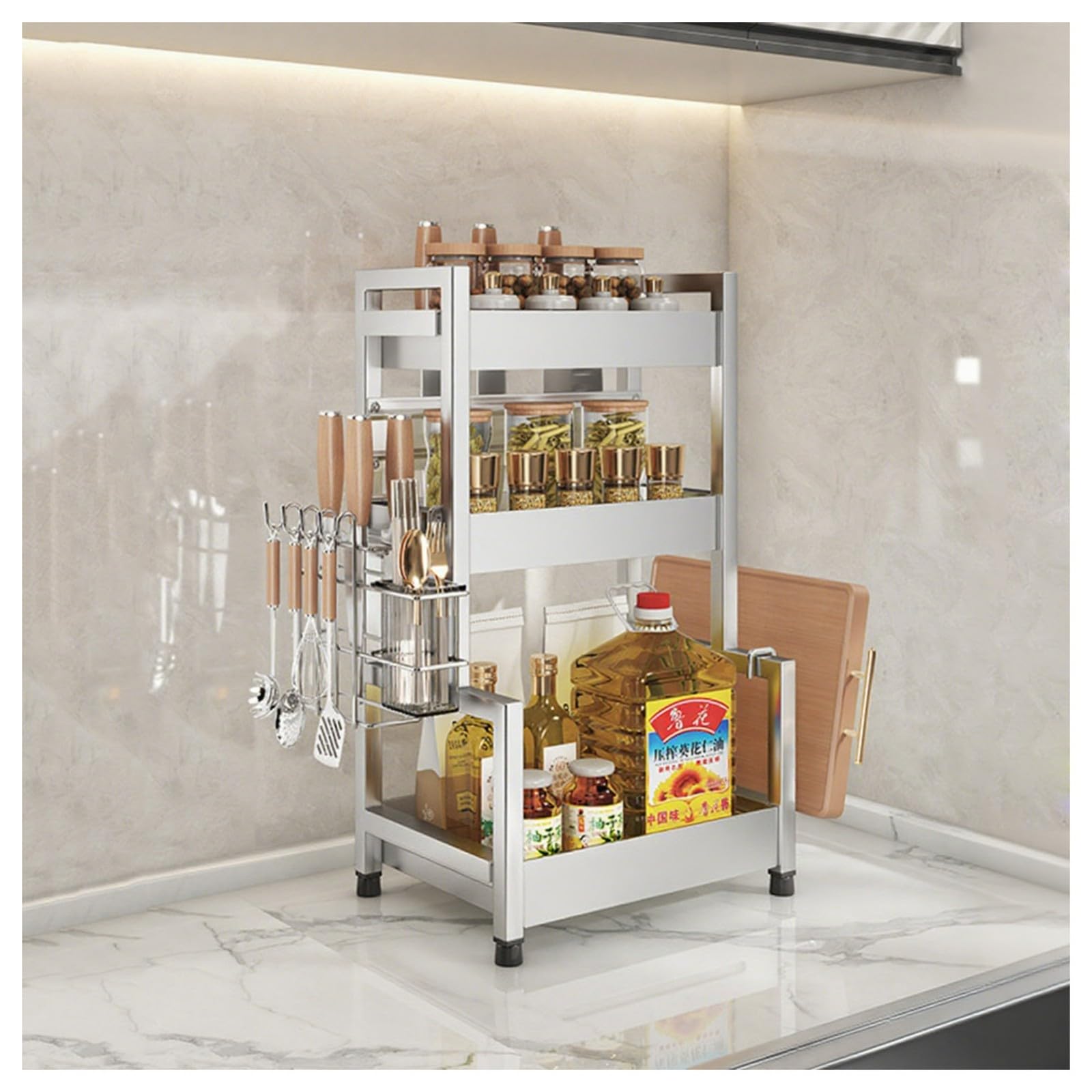 TIANQIHAO Stainless Steel Spice Rack With Hooks And Utensil Holders, 2-Tier Shelf Nizer For Sugar, Salt, Pepper And Oil Bottles,3 Tier-30cm/11.8in