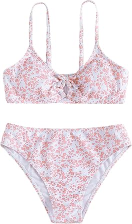 COZYEASE Girls 2 Piece Ditsy Floral Print Knot Front Ruched Triangle Bikini Swimsuit