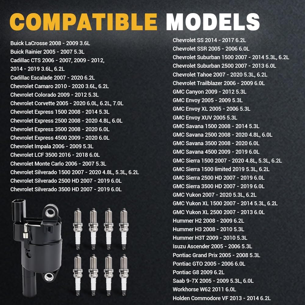 muge racing UF414 Ignition Coil Pack and Iridium Spark Plugs Compatible with Chevrolet Silverado Tahoe Suburban Colorado Express, GMC Sierra Yukon, Cadillac Escalade, Hummer, Isuzu, Pontiac and More