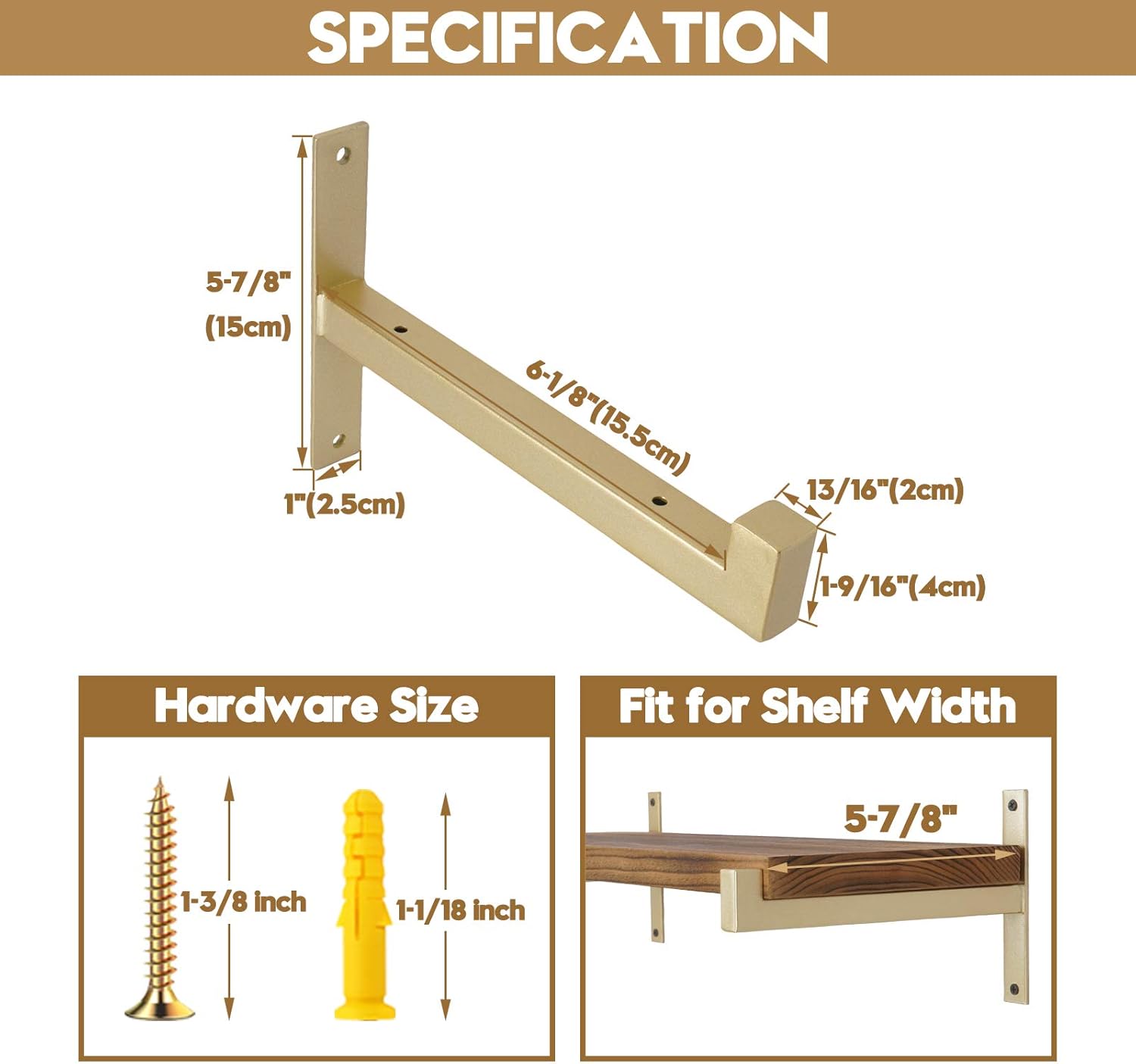 AddGrace 4 Pcs Heavy Duty Shelf Brackets Metal Gold Shelf Brackets Wall Mounted Rustic Floating Shelf Bracket with Lip（Gold） 6"