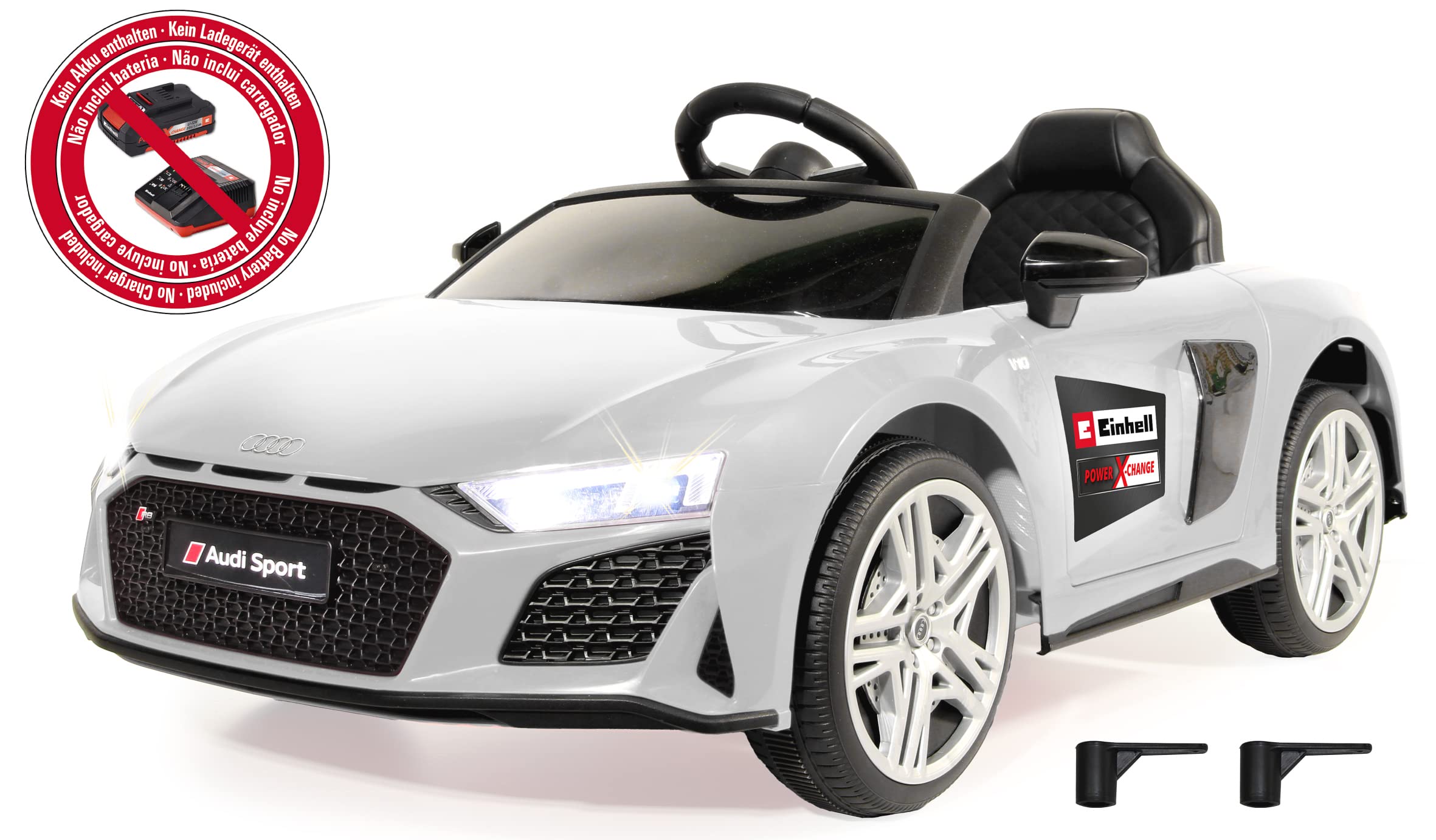 Jamara 460914 -Ride-on Audi R8 Bianco 18V Versione Einhell - Licenza Ufficiale, Suoni, Musica, Luci, 2 Ruote Motrici, Sistema di Batterie con Cambio Rapido