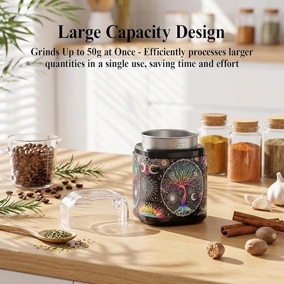 Spice Grinder, One-Touch Fast Grinder with Stainless Steel Blades, Cute Grinder with Unique Pattern Design, Electric Grinder for Spices, 5.1 (Black)