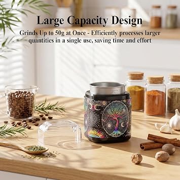Spice Grinder, One-Touch Fast Grinder with Stainless Steel Blades, Cute Grinder with Unique Pattern Design, Electric Grinder for Spices, 5.1 (Black)
