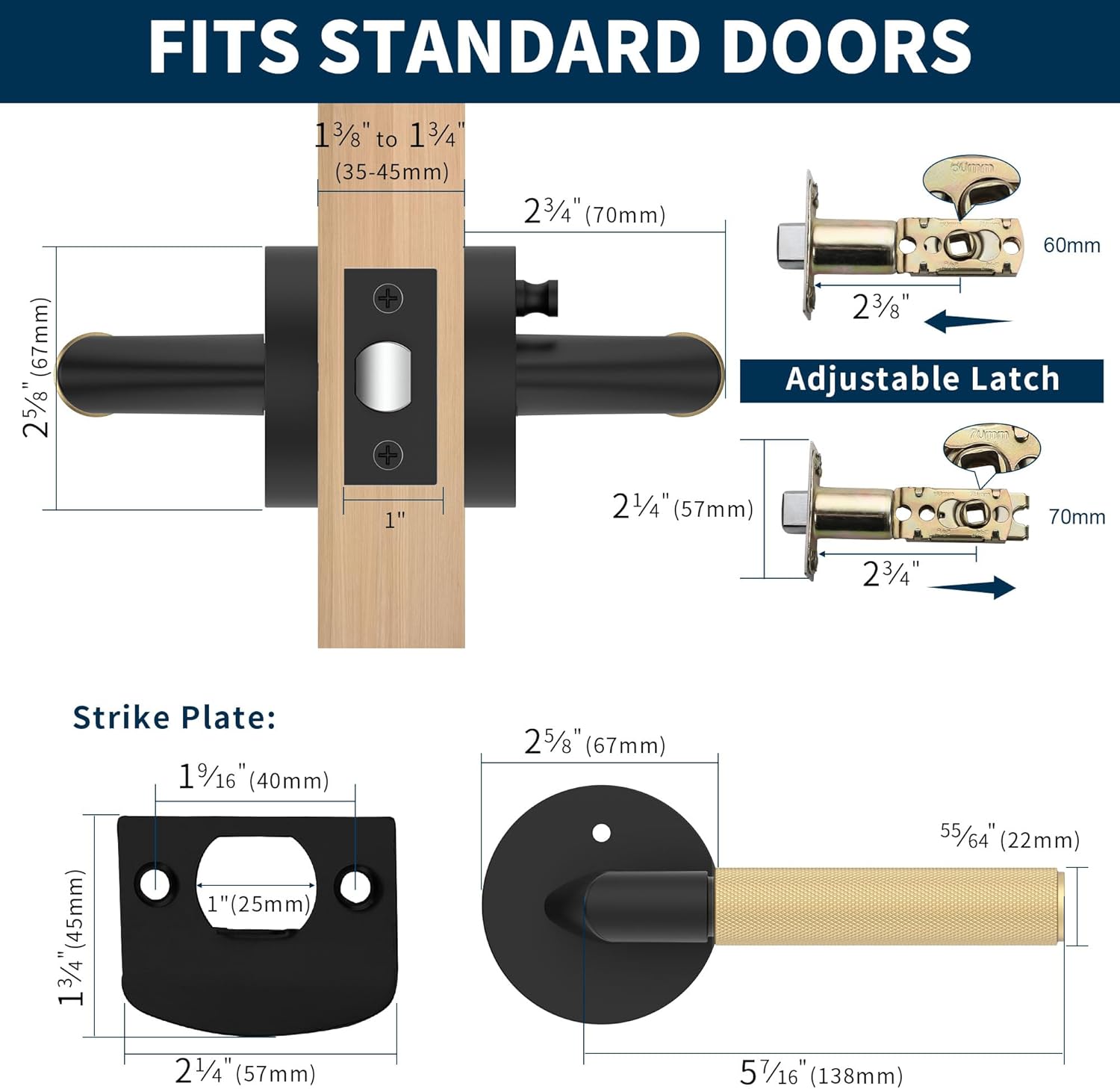 4 Pack Matte Black and Gold Door Lever Handle – Keyless Privacy for Bedroom/Bathroom, Anti-Slip Knurled Grip, Fits Left/Right Hand Doors