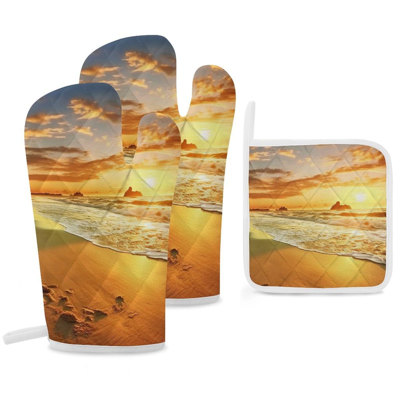 Oven Mitts And Pot Holders Sets of 3 Heat Resistant BBQ Gloves Golden Sunset Beach Oven Mitts Gloves Non-Slip Kitchen Mittens Potholders for Cooking Baking Grilling BBQ Microwave