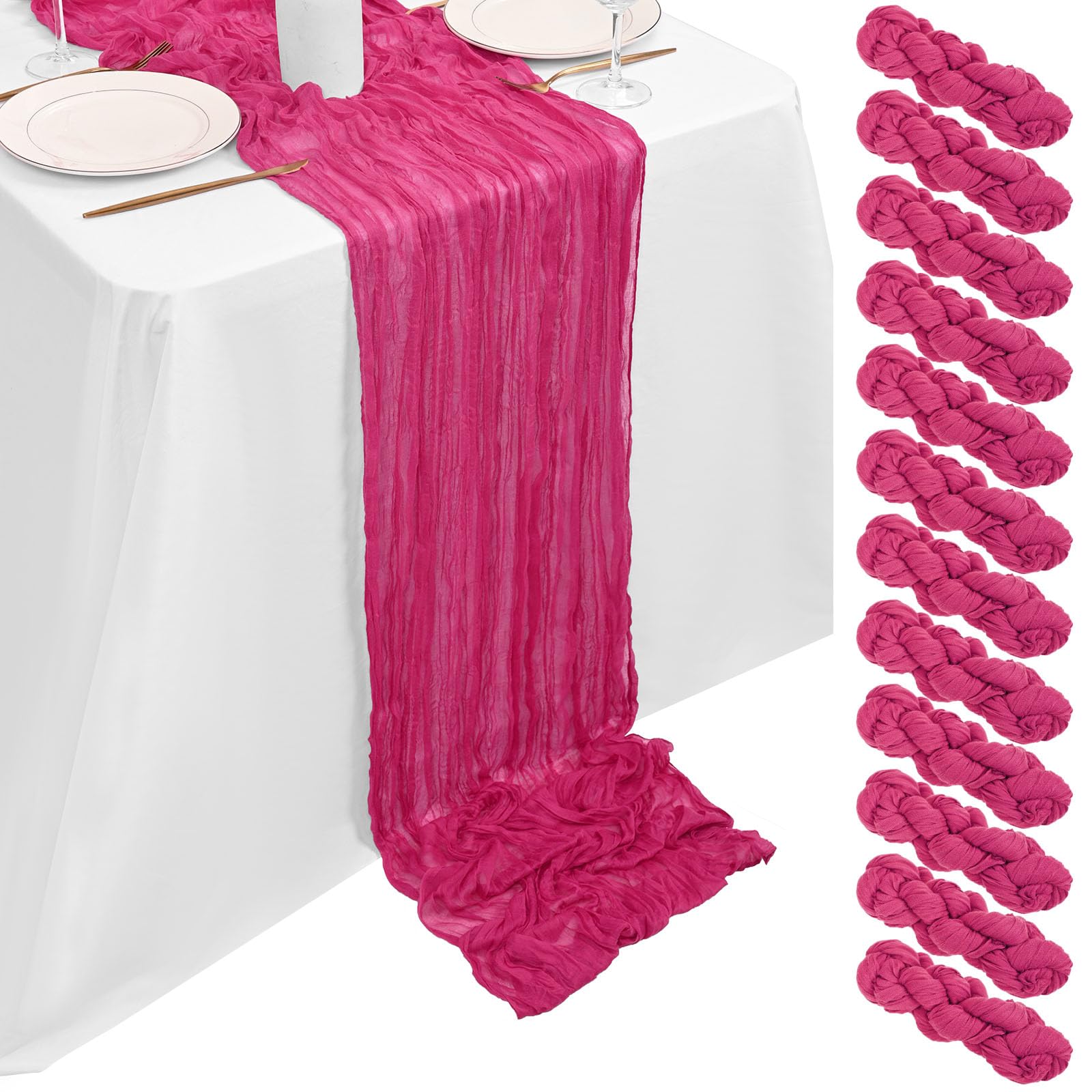 12 Pack Hot Pink Cheesecloth Table Runner 10FT, Hot Pink Cheese Cloth Table Runner Rustic Gauze Fabric Sheer Boho Wedding Table Decoration for Wedding Reception Bridal Shower Baby Shower(90x300cm) — image 1