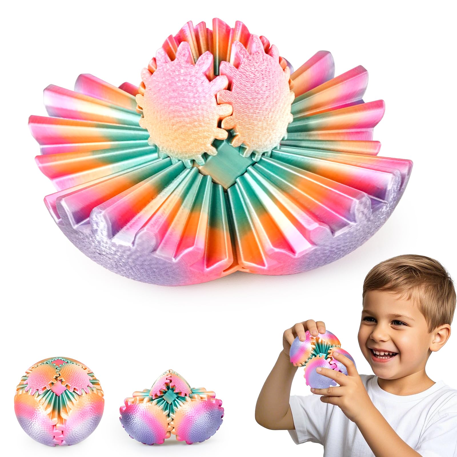 Gear Ball Fidget Toys Steampunk Gear Sphere 3D Printed Sensory Desk Fidget Stress Relief for Kids Teens Adults Birthday Stocking Filler Easter Basket Filler(Candy-Colored,6 cm)