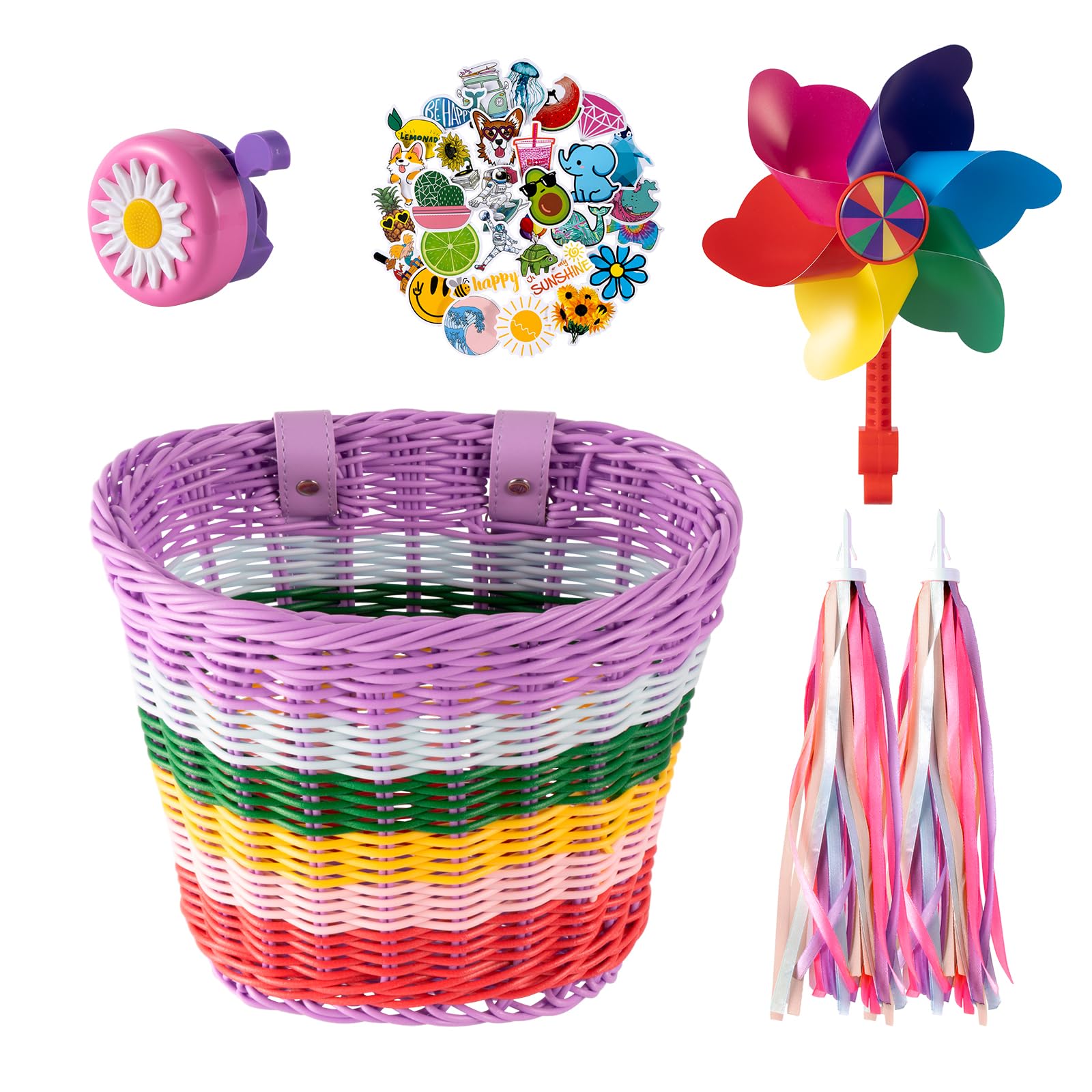 Kids Bike Basket, Bike Basket Front Bike Accessories for Girl Boys, Woven Bicycle Basket with Stickers, Bike Bell, Windmill, and 1pairs Colorful
