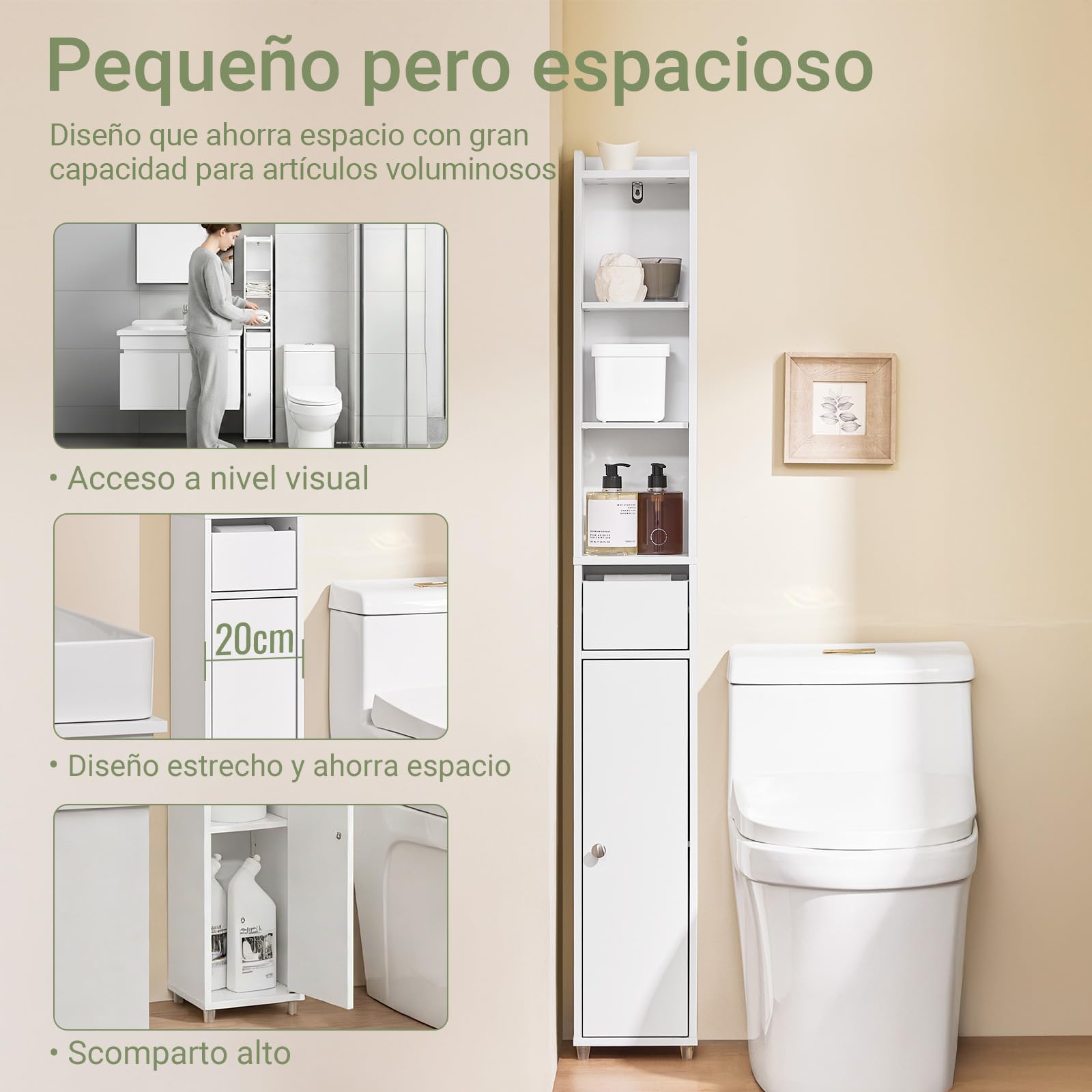 SoBuy Mueble Baño con Puerta y Cajón Estantería Multiusos 20x20x145cm | Armario Baño Estrecho, Columna Alta Mueble Auxiliar, Armario Almacenaje para Espacios Pequeños BZR34-K-W