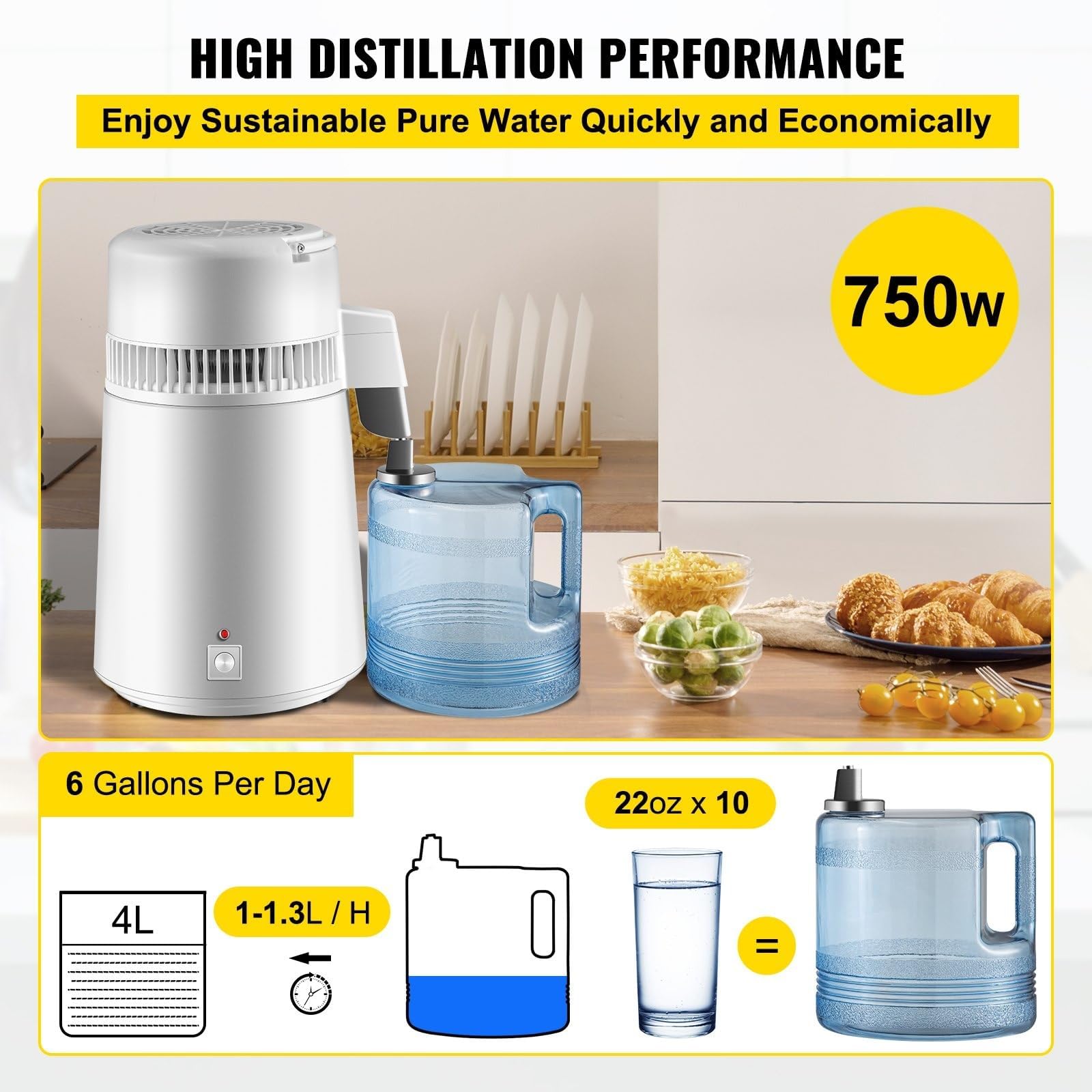 Máquina de Agua Destilada 4L Destilador de Agua Potable para Destiladores de Agua de 750W 1,2-2 L/H Destiladores de Agua,Destiladores Blancos de Acero Inoxidable 304,con Mango,Termostato