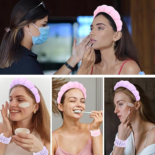 Miniatura 5 de ACO-UINT Juego de 6 diademas de spa y muñequeras, diademas para el cuidado de la piel, diadema de maquillaje, diadema de esponja para lavar la cara,