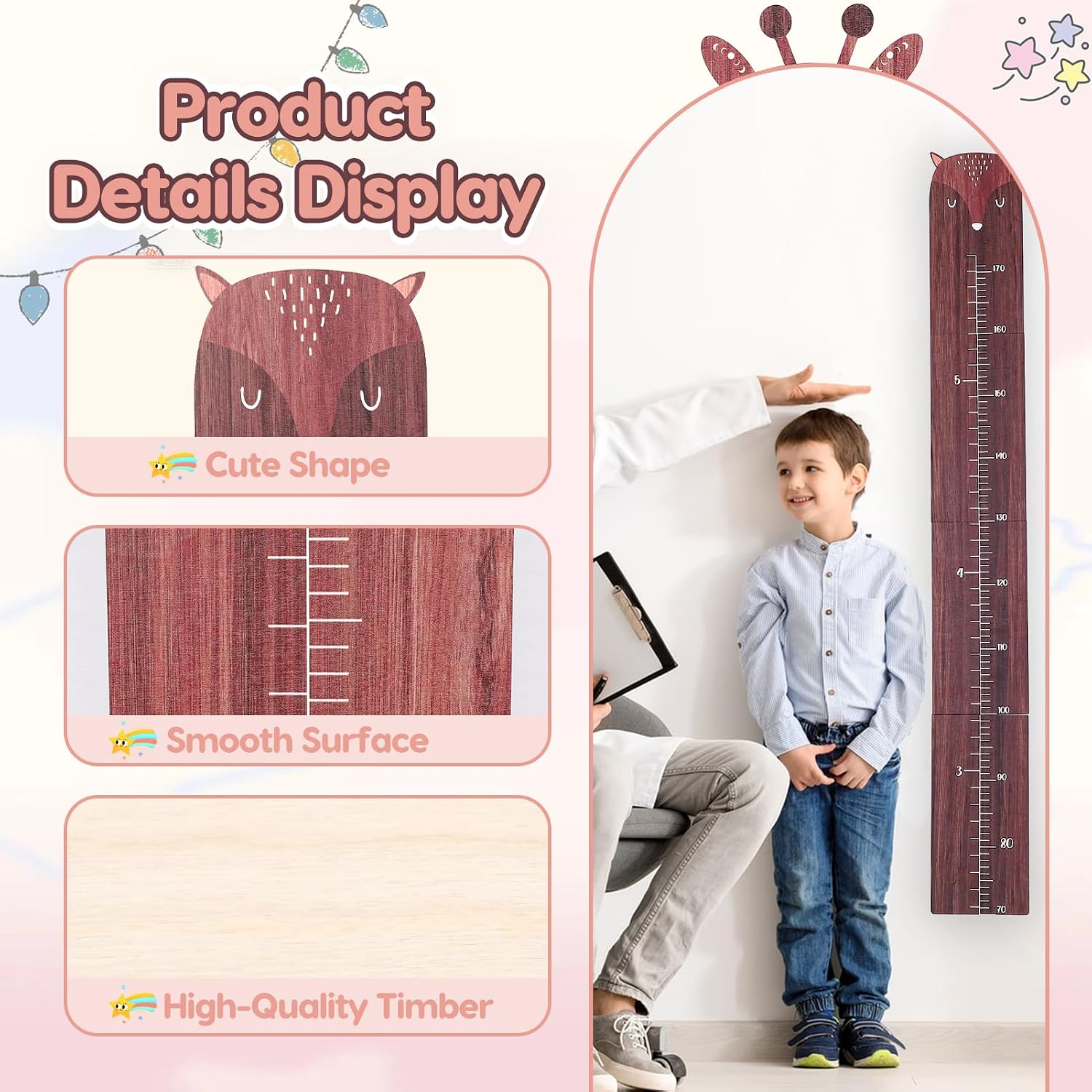 Height Chart for Kids, Wooden Wall Height Chart for Children, Height Measurement for Wall, Height Ruler Measurement Growth Chart with Foam Tape for Kids Room Nursery Wall Decor (Fox)