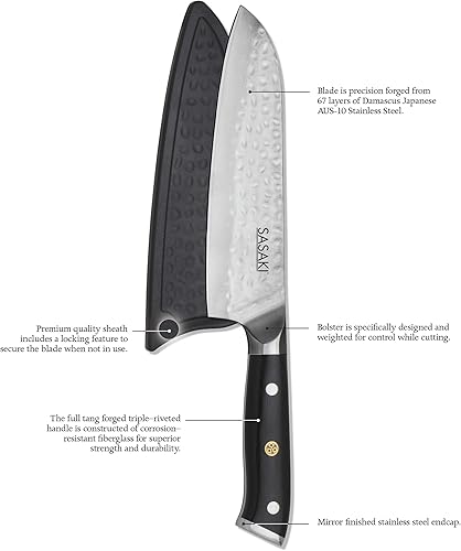 Miniatura 5 de Sasaki Takumi - Cuchillo Santoku japonés AUS-10 de acero inoxidable con funda de bloqueo, 7 pulgadas, color negro