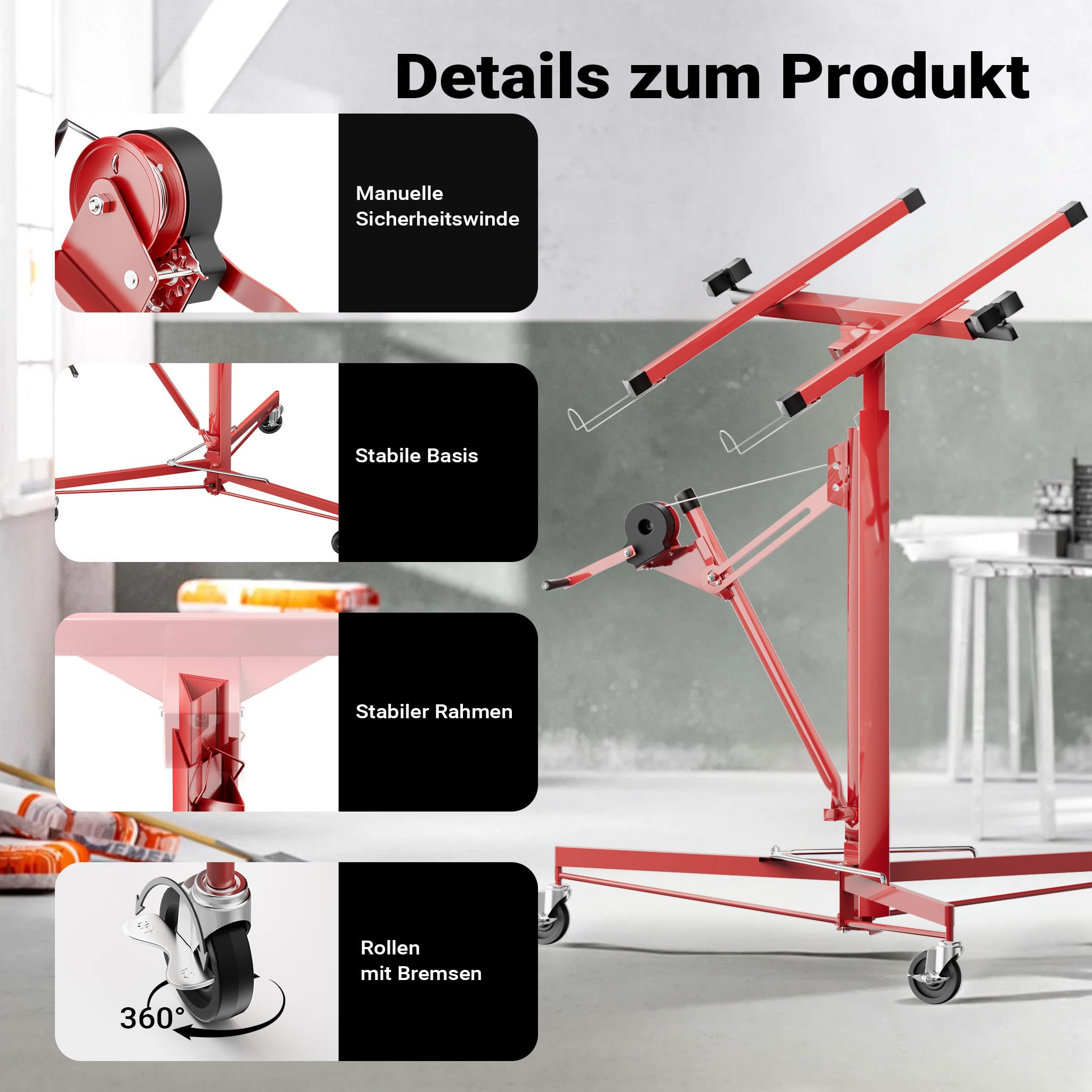 Wiltec SET XXL Plattenheber bis max. 68 kg + 140 cm Verlängerung, Höhe 140-465 cm, max. Breite 2,90 m, Montagehilfe für Trockenbau, Paneelheber mit 3 Rädern, rot