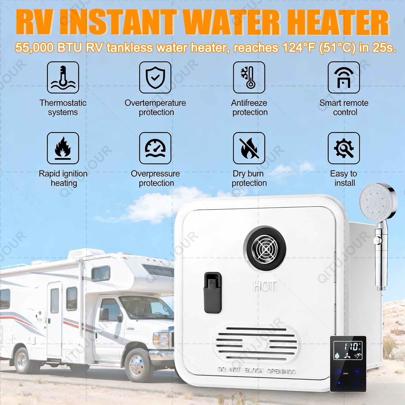 Scaldabagno per camper senza serbatoio, 55000 BTU, scaldabagno istantaneo a propano, 12 V DC, compatibile con tutti i camper, modello ad alta quota, include porta da 40,6 x 40,6 cm