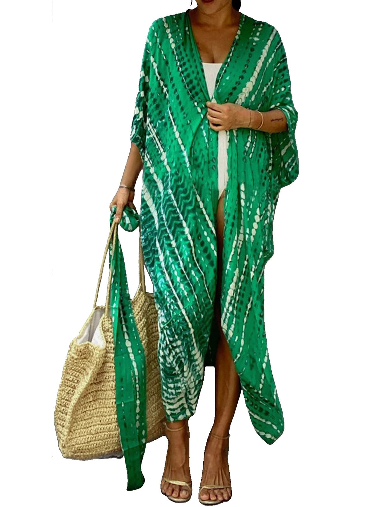 HYUET Mujer Kaftan Vestido de Playa Tie Dye Algodón Cárdigan Maxi Kimono Pareos y Camisola Camisas Playa Bohemia Boho Suelto Verano Traje de Baño Bikini Cover Up Talla Grande Elegante
