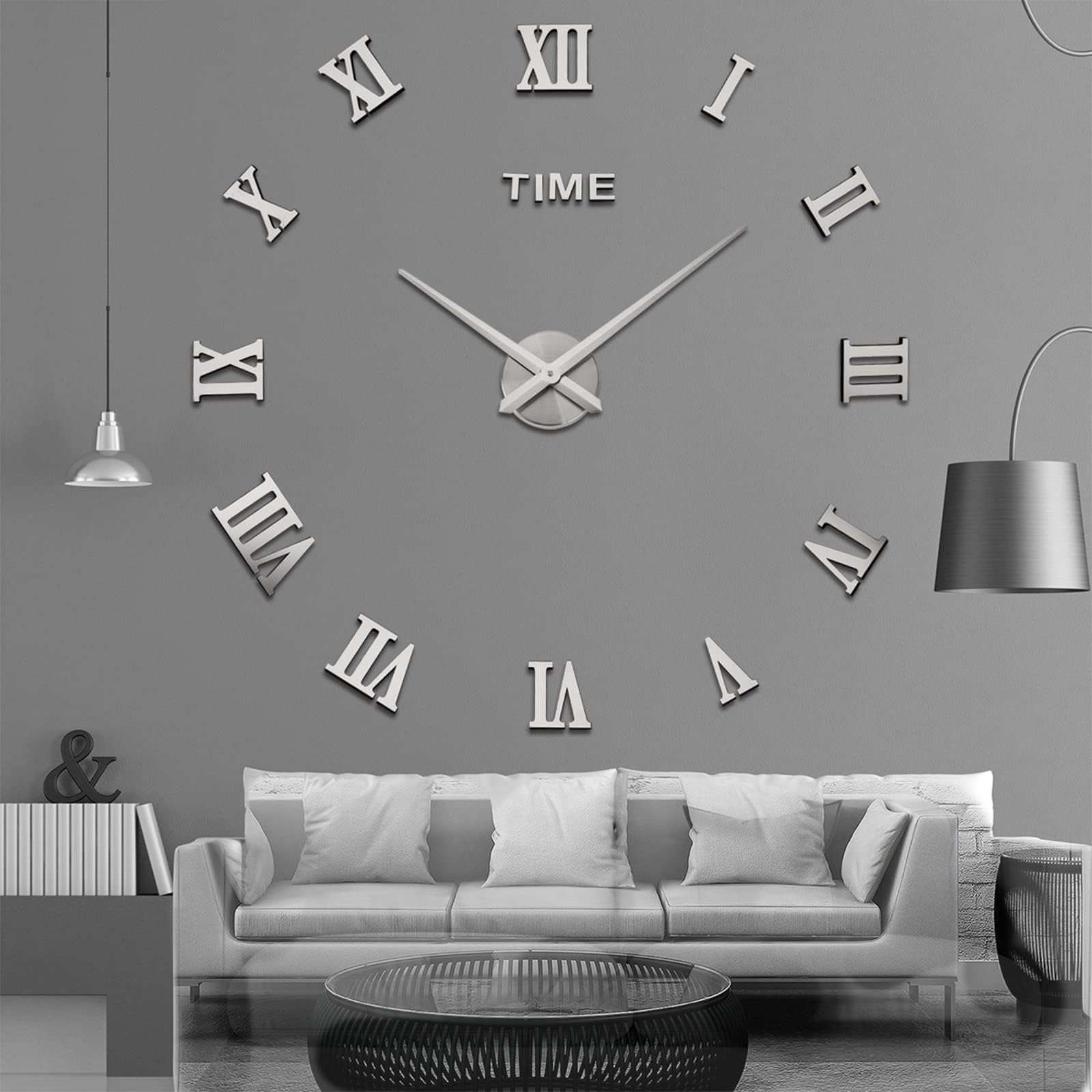 Auguety 3D DIY Roman Numeral Wall Clock Wall Sticker Clock for Living Room Bedroom Office Home Decorations (Silver)