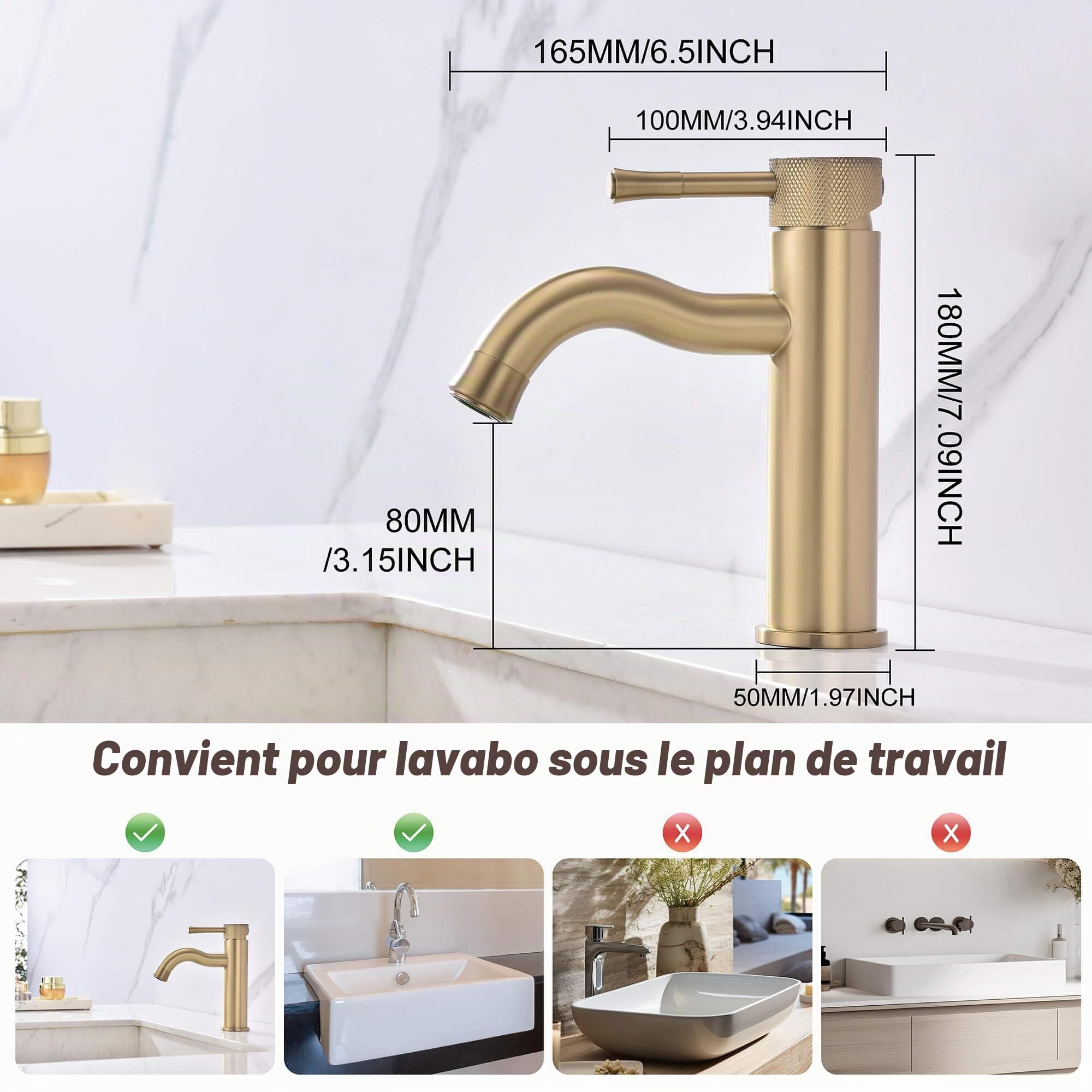Robinet de salle de bain à poignée unique en or brossé avec pulvérisateur et aérateur