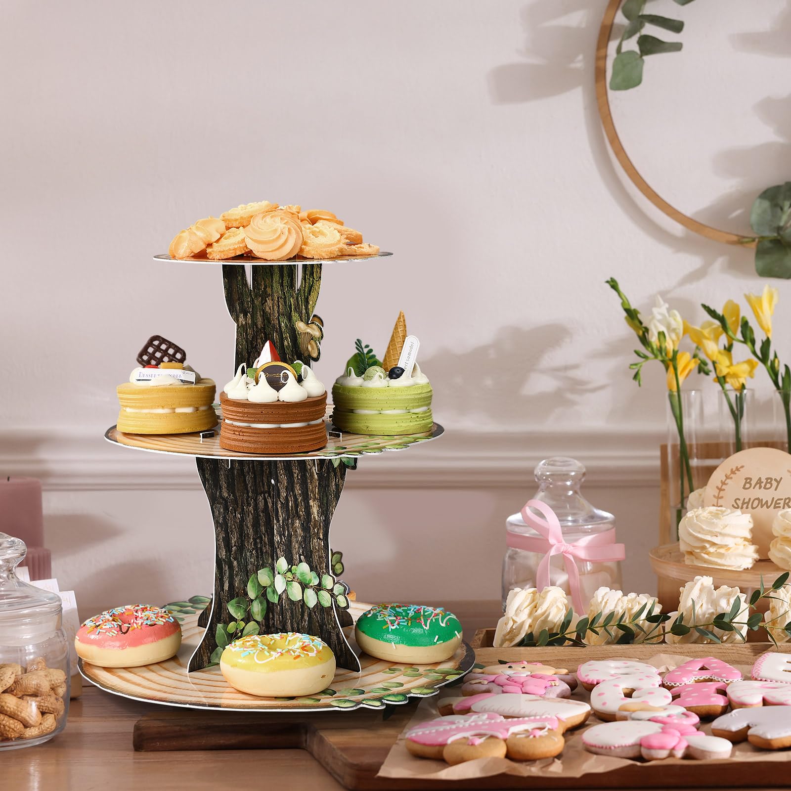 Zopeal Woodland - Supporto per cupcake in legno, decorazione occidentale per torte con foglia verde, supporto per torta da campeggio, per matrimoni a tema bosco, baby shower, safari, feste di
