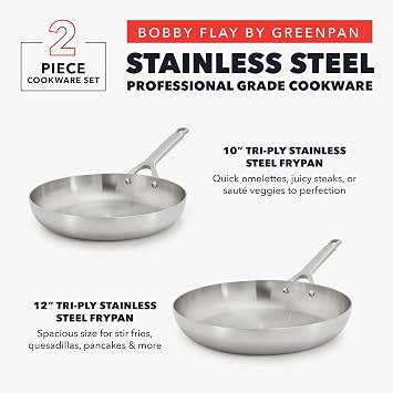 GreenPan x Bobby Flay Stainless Steel 10 & 12 Frying Pan Skillet Set, Induction Compatible, Durable, Dishwasher Safe, Oven & Broiler Safe 400F, Tri Ply Clad Pans, Heat Responsive Core, 2-Piece Set