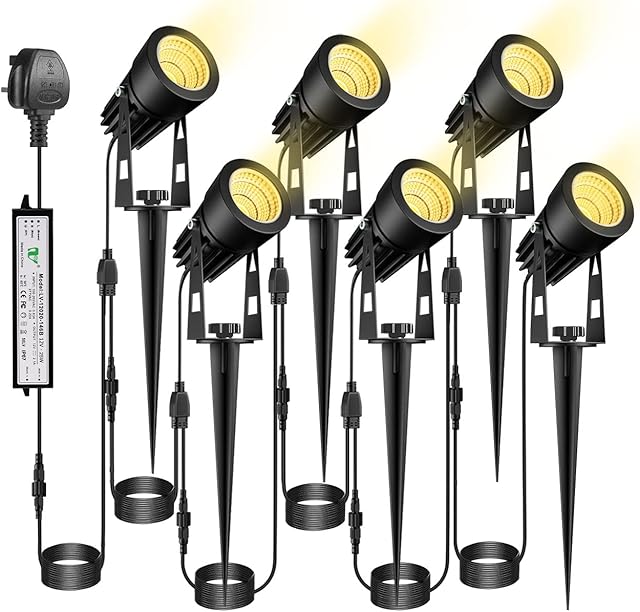 ECOWHO Garden Lights Mains BS Plug Extendable Outdoor Spotlights 21m LED Spike Uplighter Wire Metal Outside Waterproof Lighting Warm White for Path Tree(Ground Stake&Wall Mounted, DIY to 10 Spots)