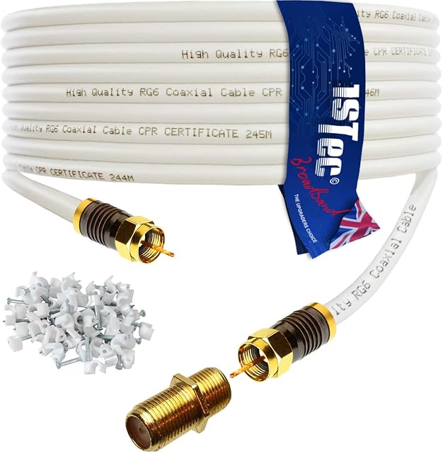 1STec 10m Gold Plated Male to Male Virgin Media Extension Cable with Cable Clips + Female Joining Coupler for V6 TIVO Set Top Box or VIVID Fibre Super Hub Broadband Modems (10 Metre, White)