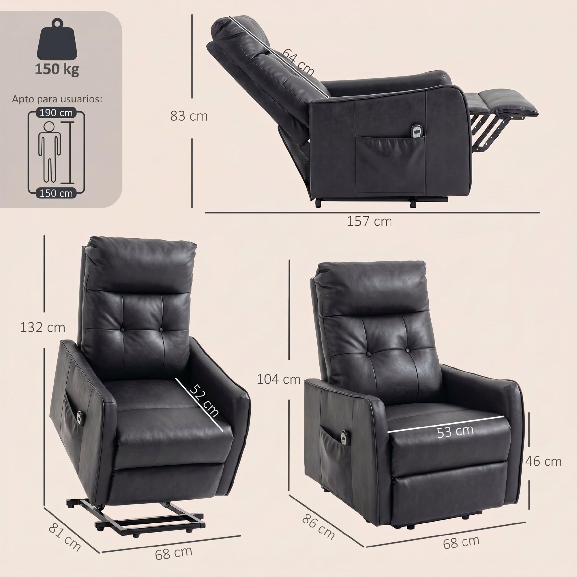 HOMCOM Sillón Relax Reclinable Eléctrico Levanta Personas Gris | Sillón Elevador, Tapizado en Cuero PU, Control Remoto, Asiento de Muelles, Reposapiés, Respaldo Alto, Bolsillos Laterales