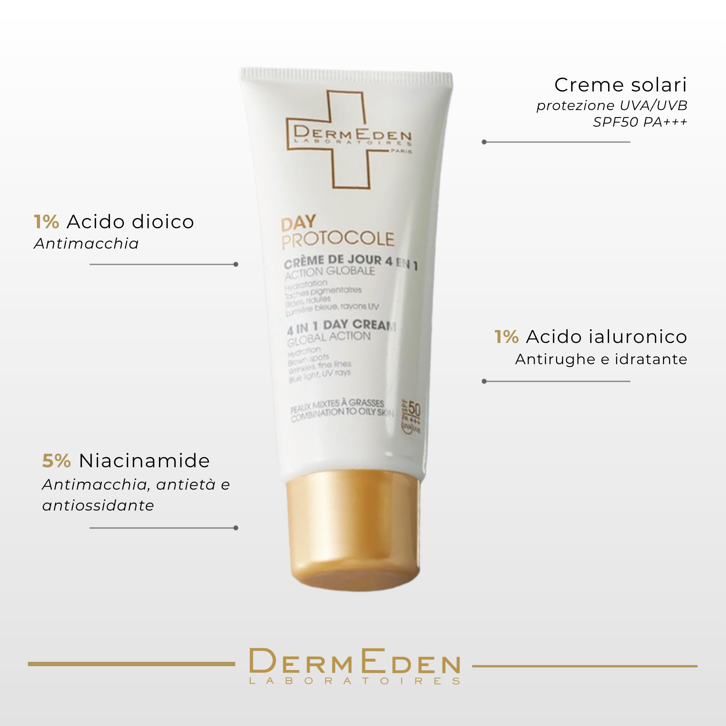 DermEden - Crema da giorno 50 ml per pelli da miste a grasse SPF 50-4 azioni in 1 - Protezione completa contro gli effetti nocivi della luce - Anti-macchie e anti-infiammatorio - Prodotto in Francia