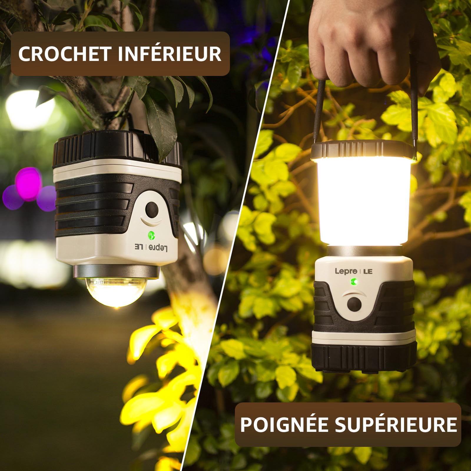 Lepro Lampe Camping LED Rechargeable 1000Lm, 4 Modes Dimmable, IPX4 Etanche | Éclairage 360°, Recharge USB & Batterie de 4400mAh, 3100K-6000K, pour Camping, Bricolage, Secours, Garage, Cave, Lot de 2